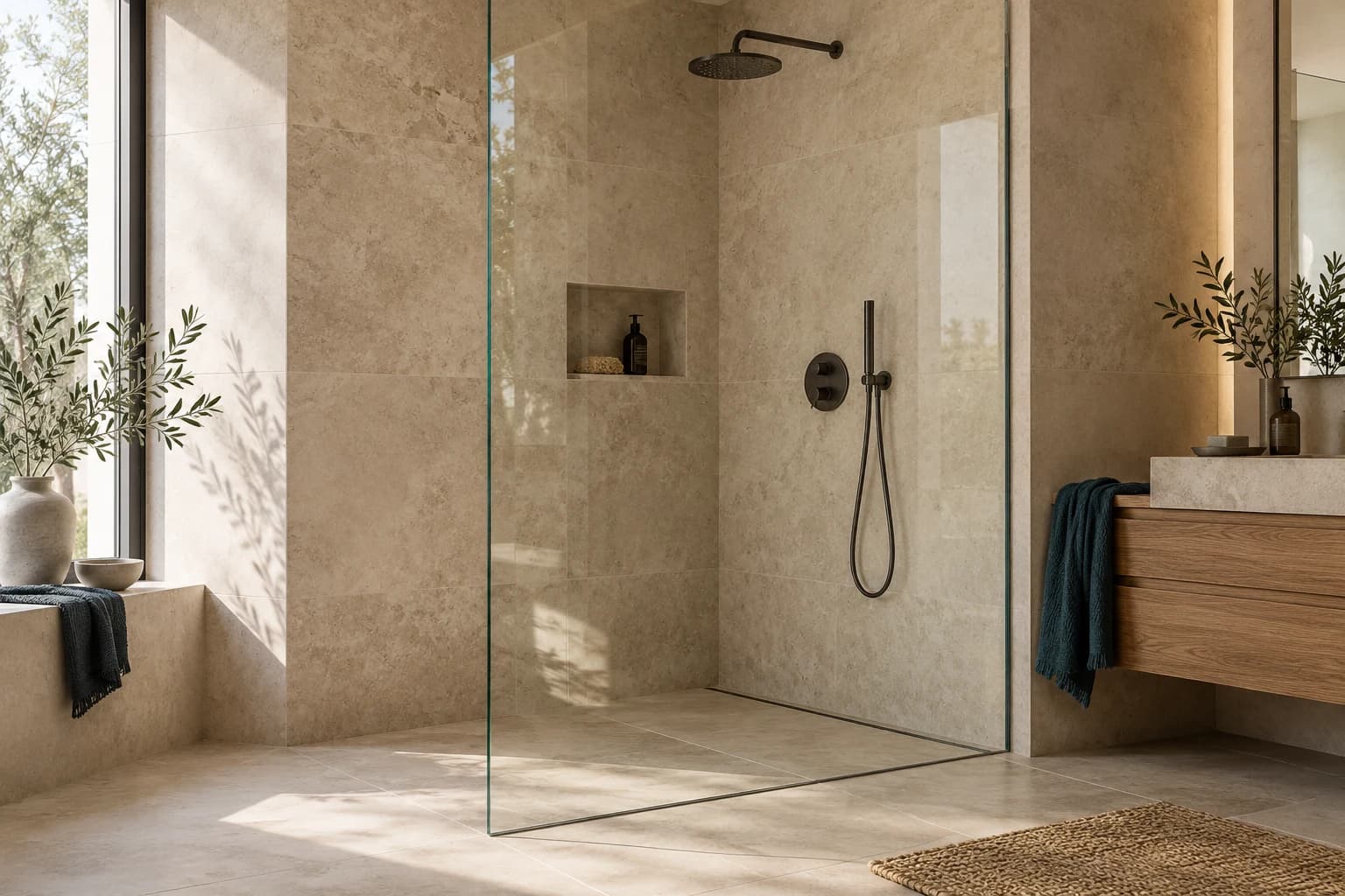 Gestaltungsidee: lichtdurchflutetes Bad mit rahmenloser Glasdusche und warmem Naturstein